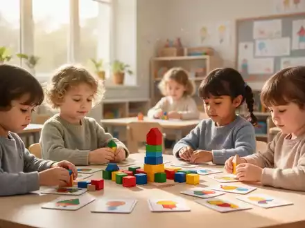 Kinder in einem hellen Klassenzimmer beschäftigen sich konzentriert und ruhig mit pädagogischem Lernmaterial. - Foto: über boerse-global.de