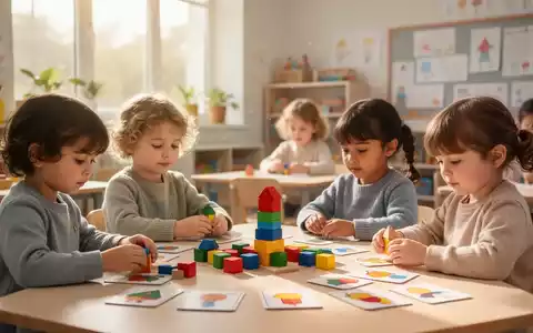 Kinder in einem hellen Klassenzimmer beschäftigen sich konzentriert und ruhig mit pädagogischem Lernmaterial. - Foto: über boerse-global.de