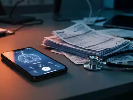 Ein Smartphone mit Meditations-App neben medizinischen Rechnungen und einem Stethoskop auf einem Schreibtisch. - Foto: über boerse-global.de