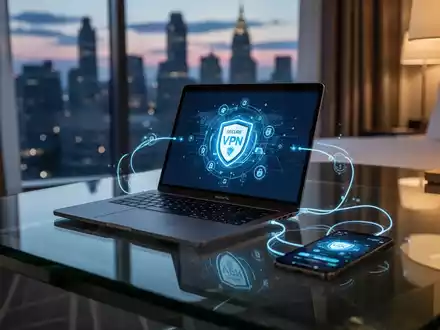 Laptop und Smartphone in einem Hotelzimmer, die eine sichere VPN-Verbindung zur Absicherung von Geschäftsdaten nutzen. - Foto: über boerse-global.de