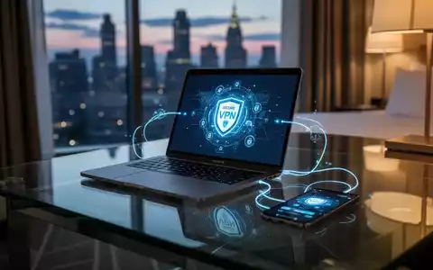 Laptop und Smartphone in einem Hotelzimmer, die eine sichere VPN-Verbindung zur Absicherung von Geschäftsdaten nutzen. - Foto: über boerse-global.de