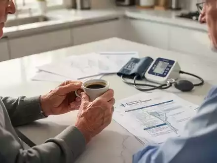 Ein Senior hält eine Tasse Kaffee an einem Tisch, im Hintergrund liegen medizinische Unterlagen und ein Blutdruckmessgerät. - Foto: über boerse-global.de