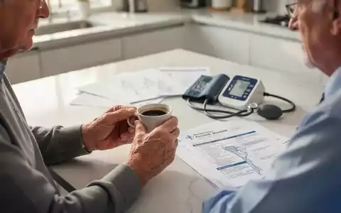 Ein Senior hält eine Tasse Kaffee an einem Tisch, im Hintergrund liegen medizinische Unterlagen und ein Blutdruckmessgerät. - Foto: über boerse-global.de