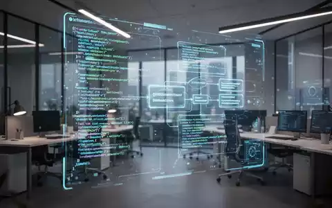 Ein modernes Büro mit einer holografischen Darstellung von Software-Code, die die Marktführerschaft von KI-Tools symbolisiert. - Foto: über boerse-global.de