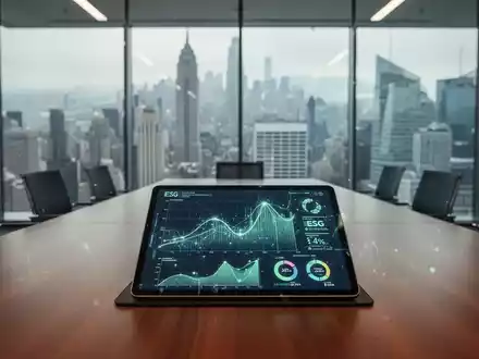 Digitale ESG-Datenvisualisierung auf einem Tablet in einem modernen Bürogebäude mit Blick auf eine globale Finanzmetropole. - Foto: über boerse-global.de
