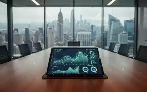 Digitale ESG-Datenvisualisierung auf einem Tablet in einem modernen Bürogebäude mit Blick auf eine globale Finanzmetropole. - Foto: über boerse-global.de