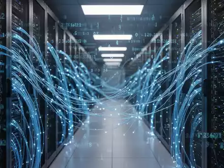 Abstrakte Darstellung einer hochmodernen Serverinfrastruktur mit digitalen Datenströmen als Symbol für KI-Cybersicherheit. - Foto: über boerse-global.de