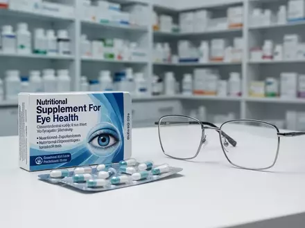 Blisterpackung mit Nahrungsergänzungsmitteln für die Augen und eine Brille auf einem medizinischen Untersuchungstisch. - Foto: über boerse-global.de