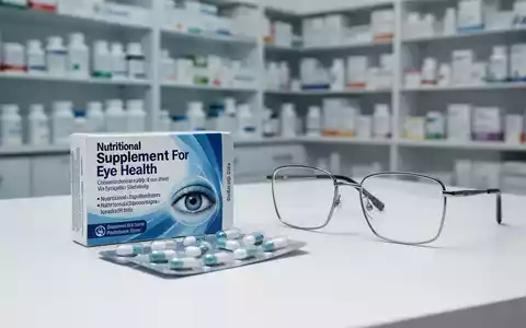 Blisterpackung mit Nahrungsergänzungsmitteln für die Augen und eine Brille auf einem medizinischen Untersuchungstisch. - Foto: über boerse-global.de