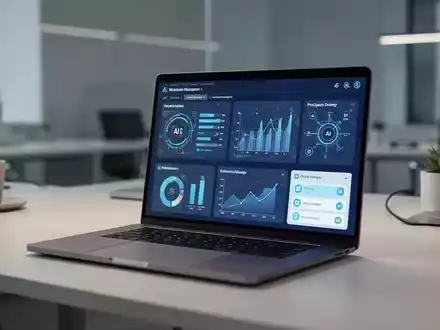 Moderner Büroarbeitsplatz mit High-End-Laptop, der KI-Projektmanagement-Software und Datenvisualisierung zeigt. - Foto: über boerse-global.de