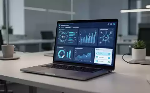 Moderner Büroarbeitsplatz mit High-End-Laptop, der KI-Projektmanagement-Software und Datenvisualisierung zeigt. - Foto: über boerse-global.de