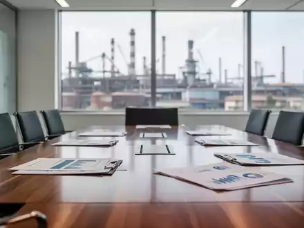 Moderner Konferenzraum mit Blick auf eine Industrielandschaft als Symbol für die Zusammenarbeit zwischen Politik und Wirtschaft. - Foto: über boerse-global.de