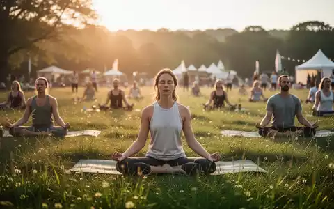 Menschen bei einem Achtsamkeits- und Gesundheitsfestival auf einer grünen Wiese unter freiem Himmel. - Foto: über boerse-global.de