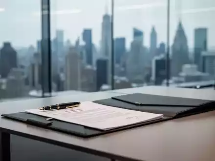 Ein moderner Schreibtisch mit Unterlagen und einem Füllfederhalter vor einer verschwommenen Skyline im Hintergrund. - Foto: über boerse-global.de
