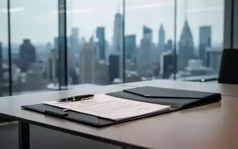 Ein moderner Schreibtisch mit Unterlagen und einem Füllfederhalter vor einer verschwommenen Skyline im Hintergrund. - Foto: über boerse-global.de