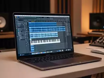 Ein Apple MacBook Pro in einem Tonstudio, das eine digitale Audio-Workstation mit MIDI-Sequenzen zur Musikbearbeitung zeigt. - Foto: über boerse-global.de
