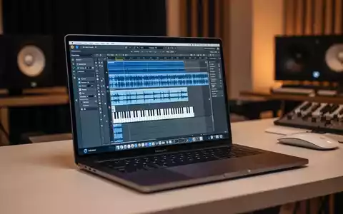 Ein Apple MacBook Pro in einem Tonstudio, das eine digitale Audio-Workstation mit MIDI-Sequenzen zur Musikbearbeitung zeigt. - Foto: über boerse-global.de