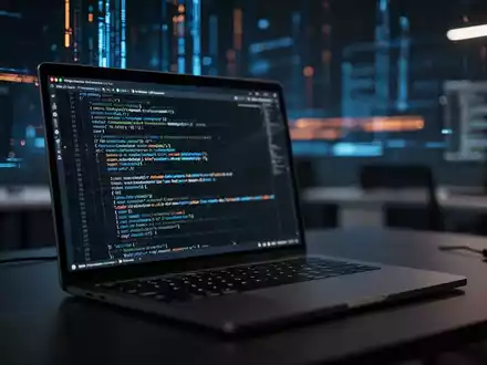 Ein moderner Arbeitsplatz eines Softwareentwicklers mit Code auf einem Bildschirm und angedeuteten digitalen Datenströmen. - Foto: über boerse-global.de