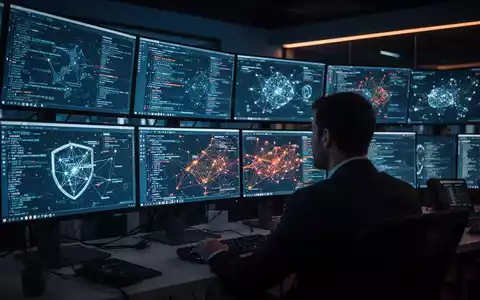 Cybersecurity-Experte vor Bildschirmen mit Datenströmen, die digitale Bedrohungen und KI-Manipulationen visualisieren. - Foto: über boerse-global.de