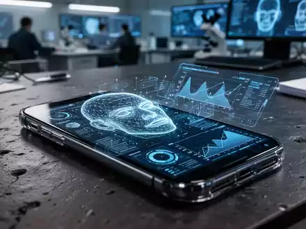 Ein Smartphone zeigt auf einem Labortisch eine digitale Gesichtserkennungs-Software zur Analyse von Beweismaterial. - Foto: ĂŒber boerse-global.de