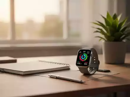 Ein moderner, aufgeräumter Schreibtisch mit einer Smartwatch und einem Notizbuch im sanften Licht, symbolisiert Arbeitsalltag. - Foto: über boerse-global.de
