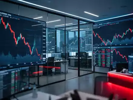Abstürzende Finanzkurse und rote Trendlinien auf digitalen Anzeigetafeln in einem modernen Bürogebäude. - Foto: über boerse-global.de