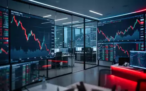 Abstürzende Finanzkurse und rote Trendlinien auf digitalen Anzeigetafeln in einem modernen Bürogebäude. - Foto: über boerse-global.de