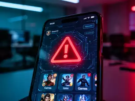 Ein Smartphone mit einem Warnsymbol auf dem Bildschirm, das vor manipulierten Spiele-Apps und Sicherheitsrisiken warnt. - Foto: über boerse-global.de
