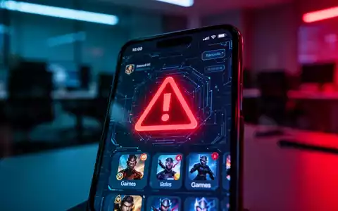 Ein Smartphone mit einem Warnsymbol auf dem Bildschirm, das vor manipulierten Spiele-Apps und Sicherheitsrisiken warnt. - Foto: über boerse-global.de