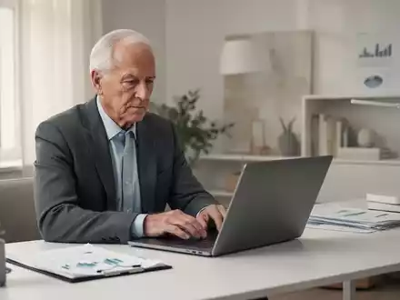 Ein älterer Berufstätiger arbeitet an einem Laptop in einem modernen Büro, symbolisch für Altersvorsorge und Rentenplanung. - Foto: über boerse-global.de