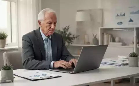 Ein älterer Berufstätiger arbeitet an einem Laptop in einem modernen Büro, symbolisch für Altersvorsorge und Rentenplanung. - Foto: über boerse-global.de