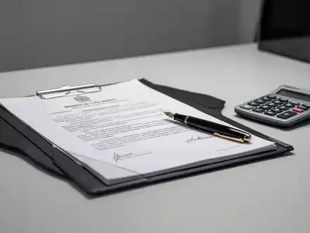 Ein Schreibtisch mit einem Aktenordner, einem Füllfederhalter und einem Taschenrechner als Symbol für rechtliche Finanzprüfungen. - Foto: über boerse-global.de