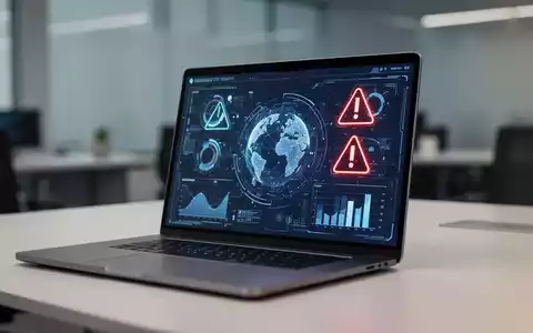 Ein Laptop-Bildschirm in einem modernen Büro zeigt digitale Datenvisualisierungen und Warnsymbole für KI-Inhalte. - Foto: über boerse-global.de