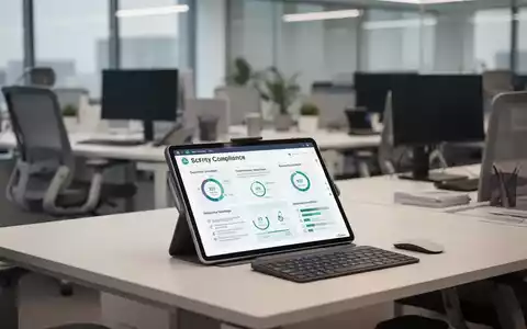 Moderner, aufgeräumter Büroarbeitsplatz mit digitalem Tablet zur Arbeitssicherheitsprüfung. - Foto: über boerse-global.de