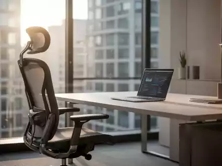 Ein minimalistischer, ergonomischer Homeoffice-Arbeitsplatz mit Laptop bei hellem Tageslicht. - Foto: über boerse-global.de