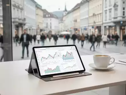 Moderner Arbeitsplatz mit Tablet und Wirtschaftsstatistiken vor einem unscharfen städtischen Hintergrund in Oberbayern. - Foto: über boerse-global.de