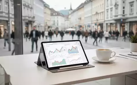 Moderner Arbeitsplatz mit Tablet und Wirtschaftsstatistiken vor einem unscharfen städtischen Hintergrund in Oberbayern. - Foto: über boerse-global.de