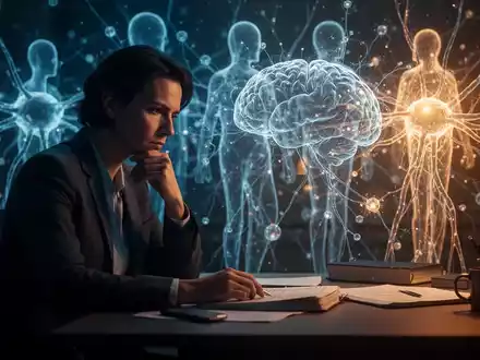 Nachdenkliche Person am Schreibtisch mit abstrakten neuronalen Netzwerken im Hintergrund als Symbol für kognitive Gesundheit. - Foto: über boerse-global.de