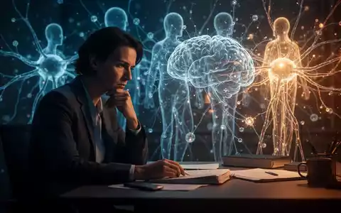 Nachdenkliche Person am Schreibtisch mit abstrakten neuronalen Netzwerken im Hintergrund als Symbol für kognitive Gesundheit. - Foto: über boerse-global.de