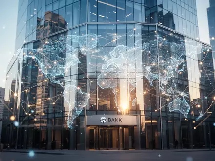 Moderne Bankarchitektur mit leuchtenden digitalen Netzwerk-Overlays, die globale Finanzvernetzung darstellen. - Foto: über boerse-global.de