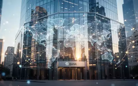 Moderne Bankarchitektur mit leuchtenden digitalen Netzwerk-Overlays, die globale Finanzvernetzung darstellen. - Foto: über boerse-global.de