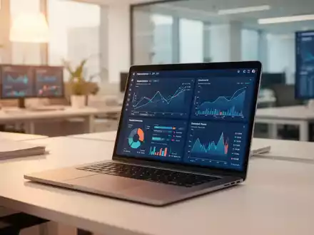 Ein moderner Büroarbeitsplatz mit einem Laptop, der komplexe Datenanalysen und Finanz-Dashboards anzeigt. - Foto: über boerse-global.de