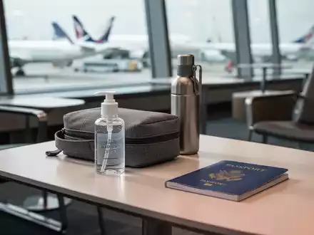 Reise-Set mit Handdesinfektion und Wasserflasche auf einem Tisch in einem modernen Flughafen-Terminal. - Foto: über boerse-global.de