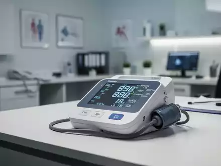 Digitales Blutdruckmessgerät auf einem Schreibtisch in einer modernen Arztpraxis. - Foto: über boerse-global.de