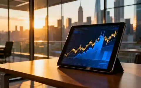 Abstrakte Finanzgrafiken auf einem Tablet vor einer modernen Skyline bei Sonnenuntergang. - Foto: über boerse-global.de