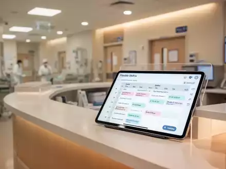 Modernes Klinik-Pflegestützpunkt mit digitalem Dienstplan auf einem Tablet vor verschwommenem Hintergrund. - Foto: über boerse-global.de