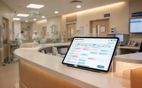 Modernes Klinik-Pflegestützpunkt mit digitalem Dienstplan auf einem Tablet vor verschwommenem Hintergrund. - Foto: über boerse-global.de