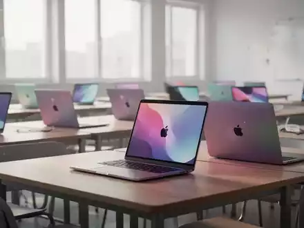 Mehrere MacBook Neo Laptops stehen auf Schultischen in einem modernen, hellen Klassenzimmer. - Foto: über boerse-global.de