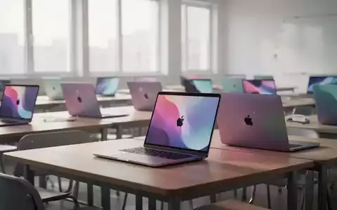 Mehrere MacBook Neo Laptops stehen auf Schultischen in einem modernen, hellen Klassenzimmer. - Foto: über boerse-global.de