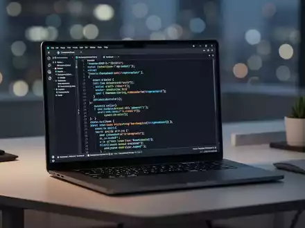 Ein moderner Laptop mit einer Kommandozeile auf dem Bildschirm in einem professionellen Arbeitsumfeld. - Foto: über boerse-global.de